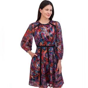 Vince Camuto Metallic Paisley-Print Lace-Trim Dress Shimmery Size 14